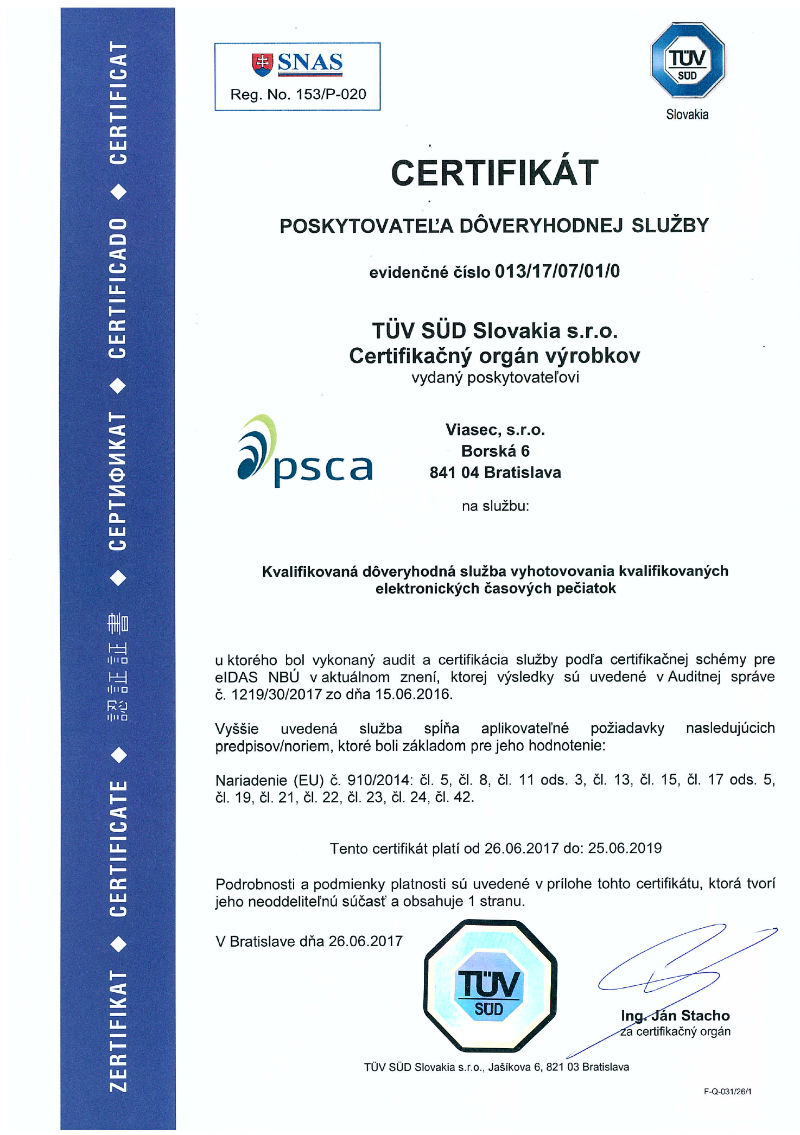 PSCA TUV certifikat TSA eIDAS 2017-2019 SK