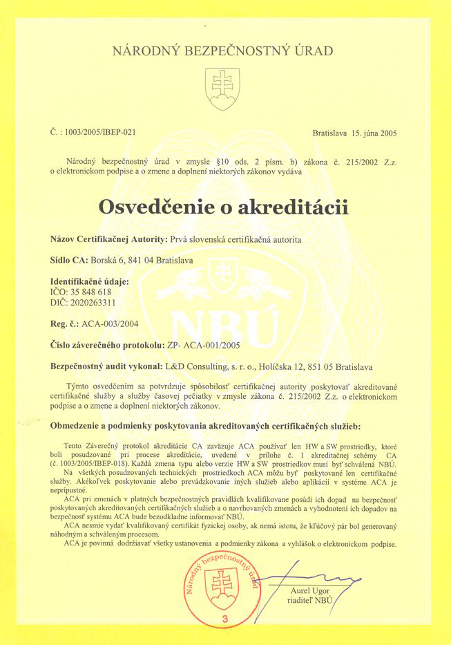 PSCA NBU osvedcenie o akreditacii 2005