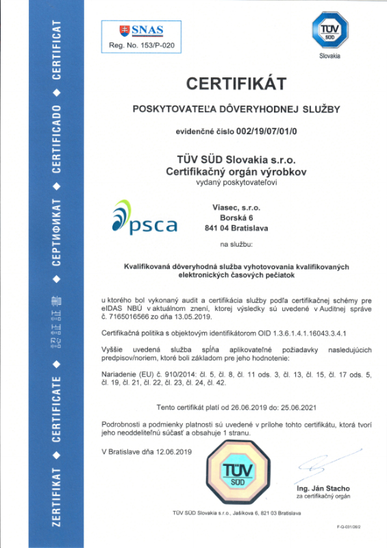 PSCA TUV certifikat TSA eIDAS 2019-2021 SK